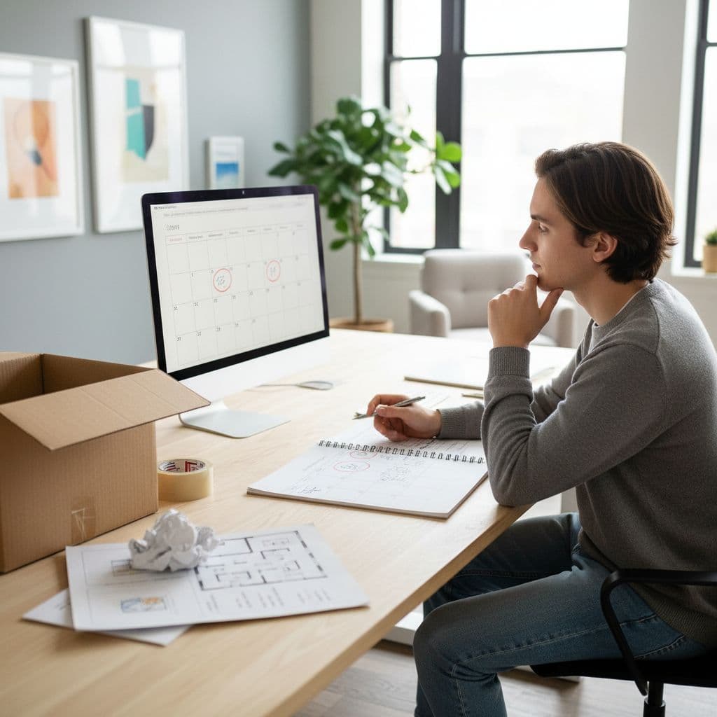 Person sits at desk with calendar, moving box, and notebook in modern office.