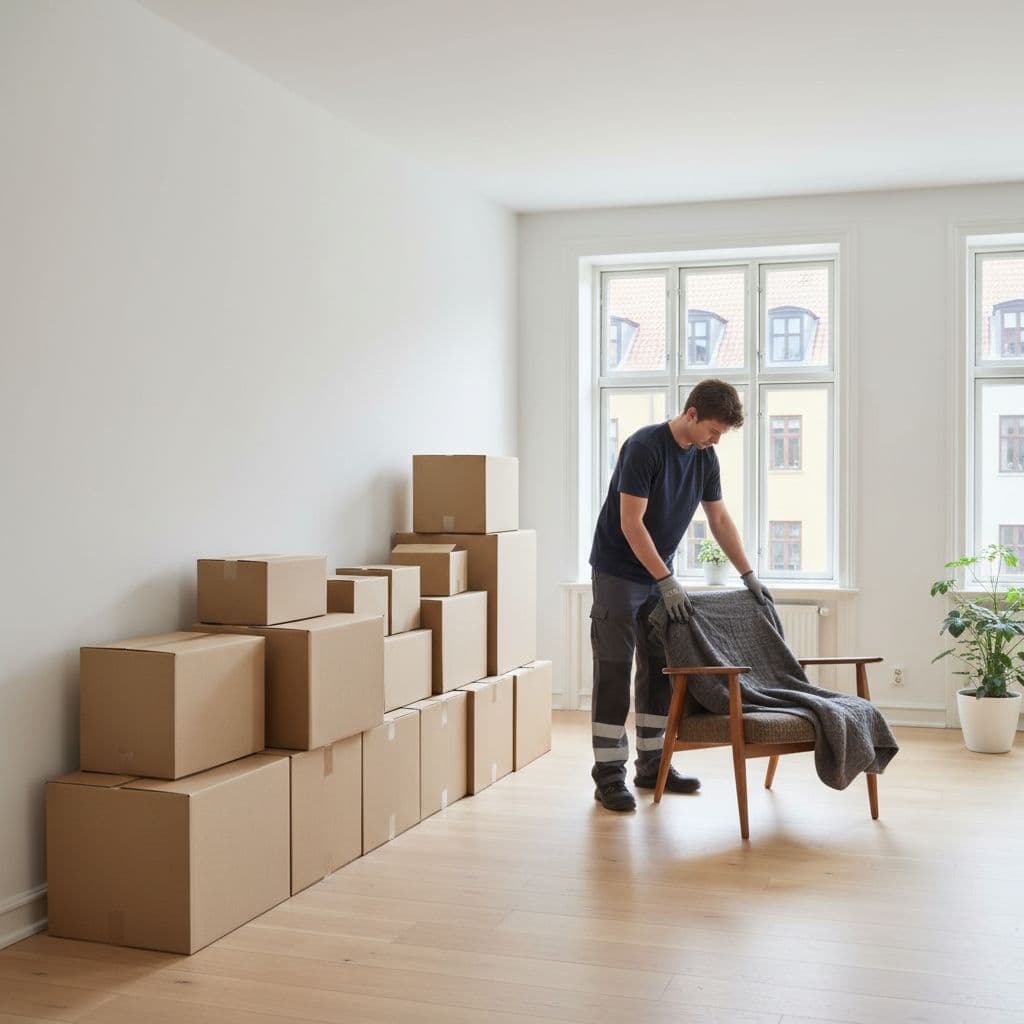 Neatly stacked cardboard boxes line a wall in a bright Copenhagen apartment as a uniformed mover prepares furniture.