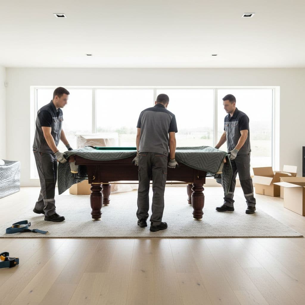 Professional movers in work clothes carefully pad and lift a pool table in a bright spacious living room.