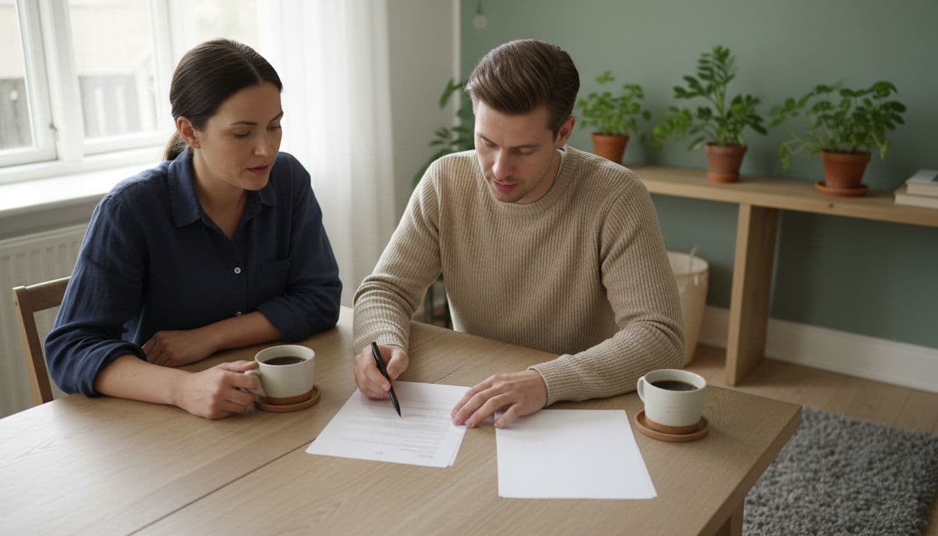 Two adults sit at wooden table in home office, one pointing at papers with pen, coffee cups nearby.