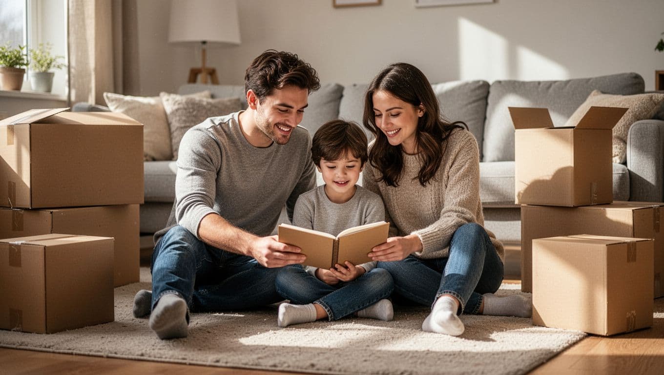 A young family sits on the living room floor surrounded by cardboard boxes, smiling as they review notes on a notepad. Soft natural daylight illuminates the cozy scene during their transition.