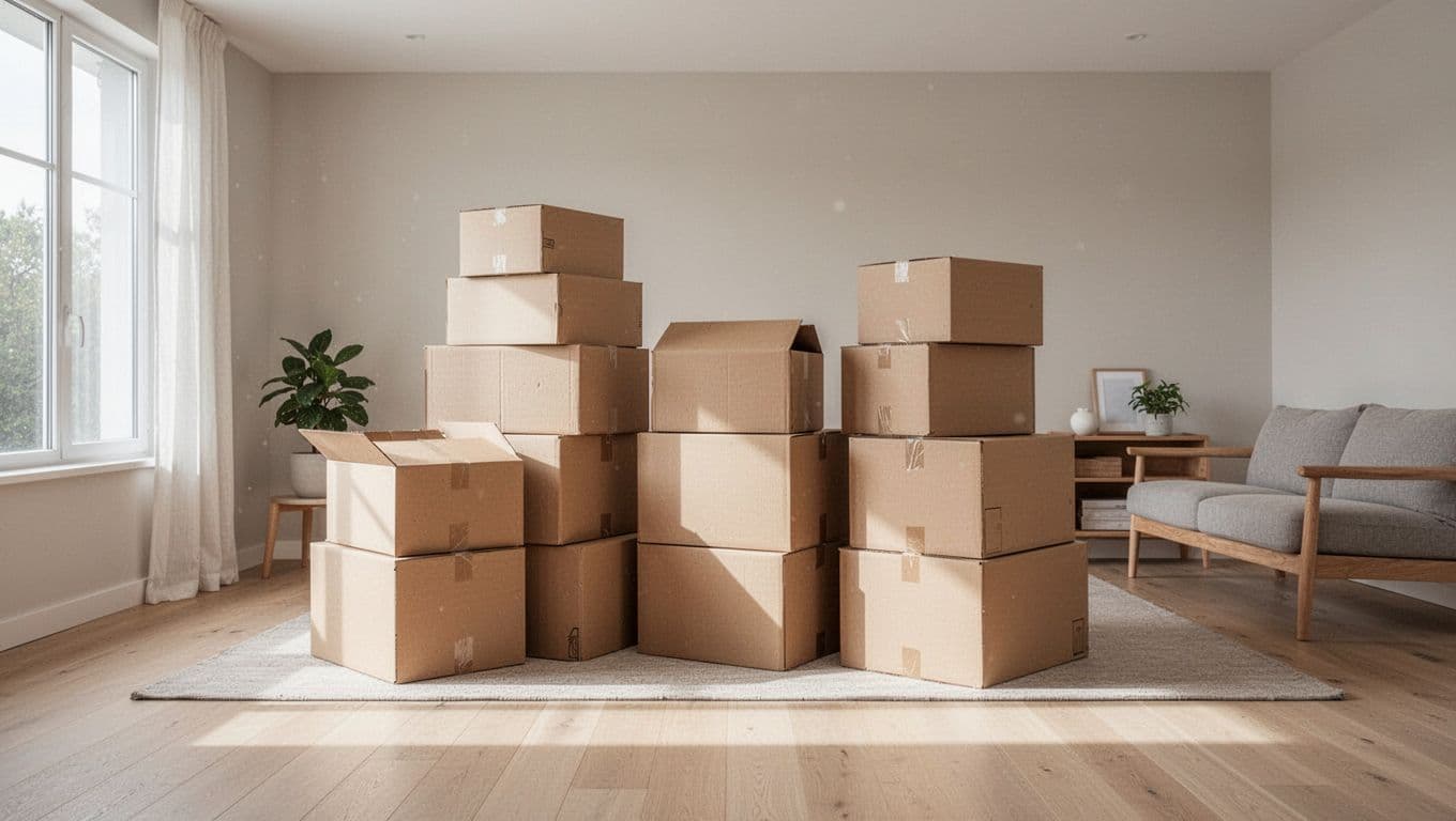 Stacks of neatly taped cardboard boxes occupy a bright Scandinavian-style living room. The floor is clean and clear, creating a calm atmosphere that emphasizes professional preparation for an upcoming residential move.