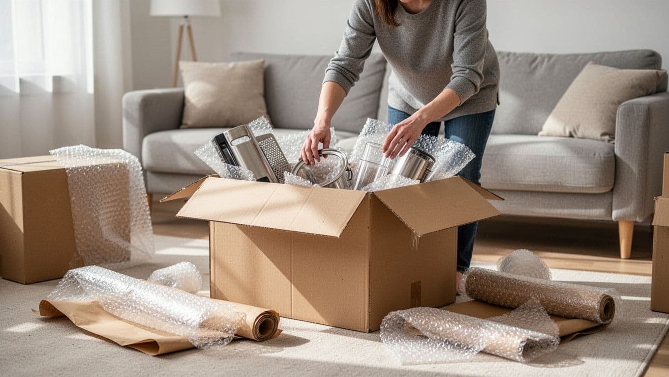 A focused individual carefully wraps ceramic kitchenware in protective paper before placing it inside a sturdy cardboard container. Nearby, layers of bubble wrap and folded cardboard stacks suggest a systematic approach.