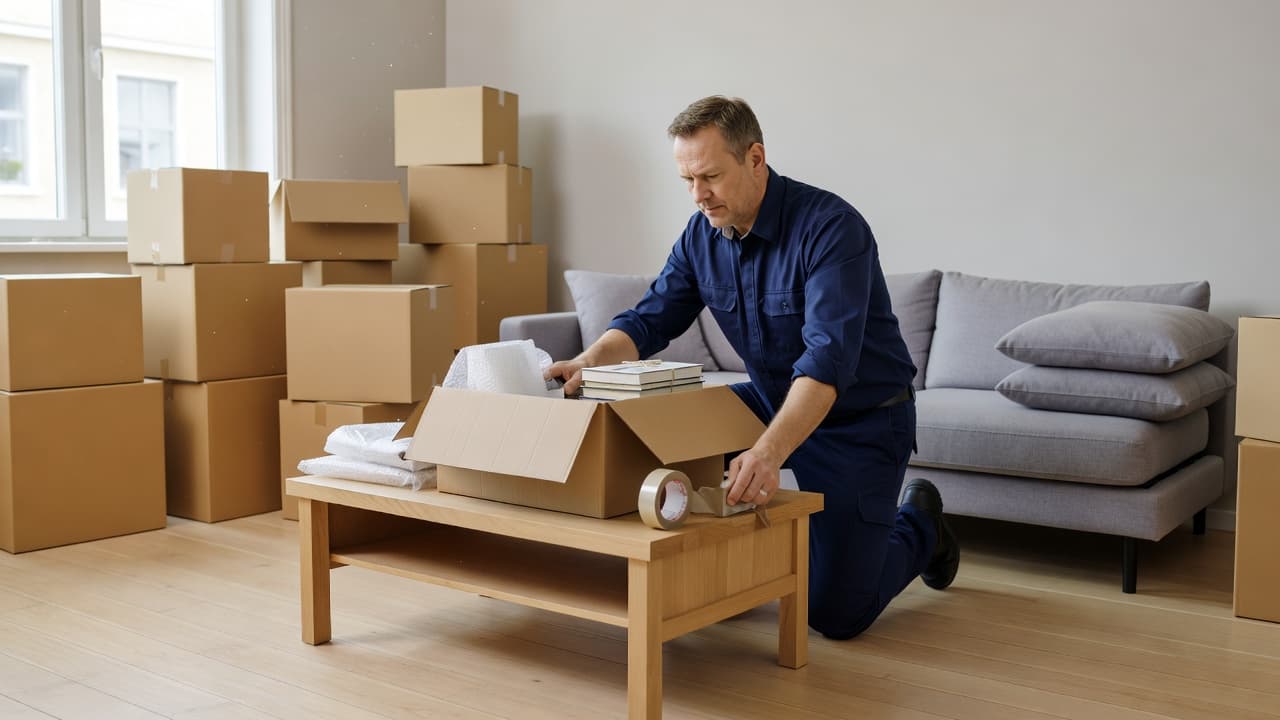A professional mover carefully secures items into cardboard boxes within a sunlit living room. The organized space features stacks of neatly sealed moving containers near a bright, clean window area.