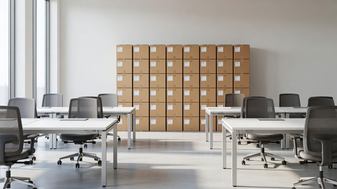 Clean white desks stand in rows within a sunlit workspace, featuring stacks of neatly labeled cardboard boxes in the background. This organized arrangement highlights preparation for a corporate office relocation.
