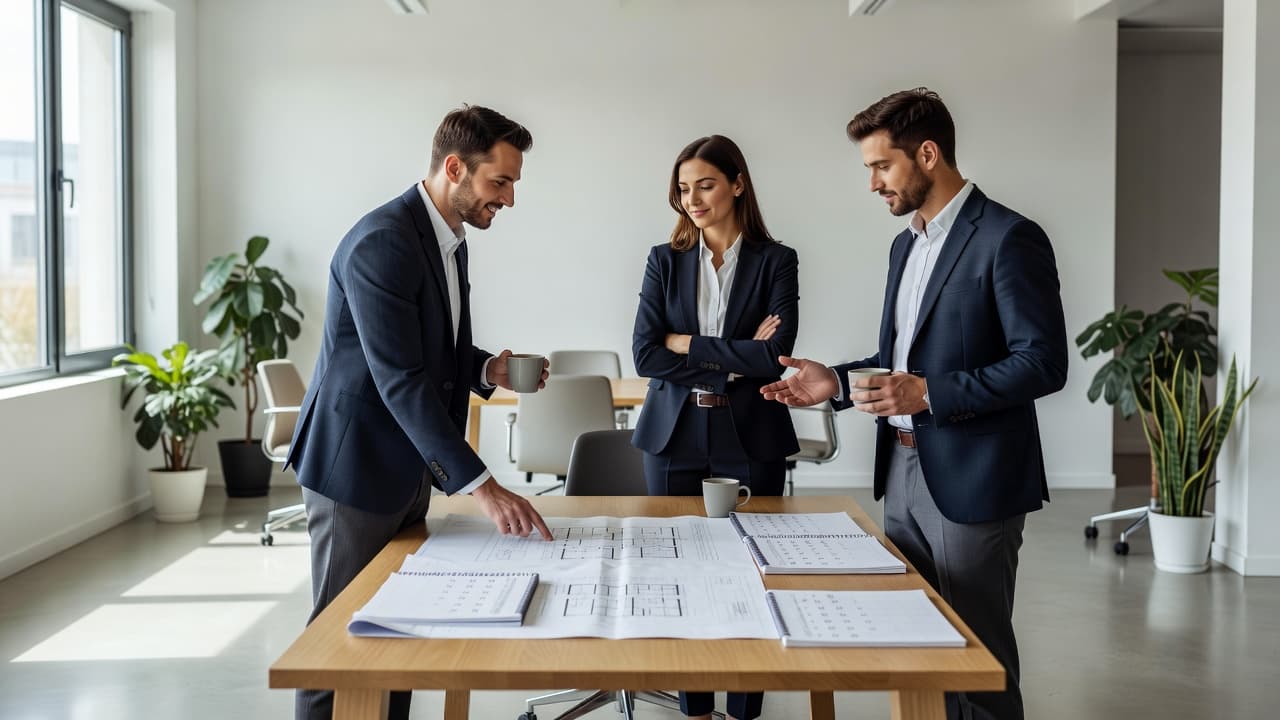 Three colleagues stand around a large table covered in architectural floor plans and project calendars. They engage in professional discussion while holding ceramic coffee mugs in a bright, modern office space.