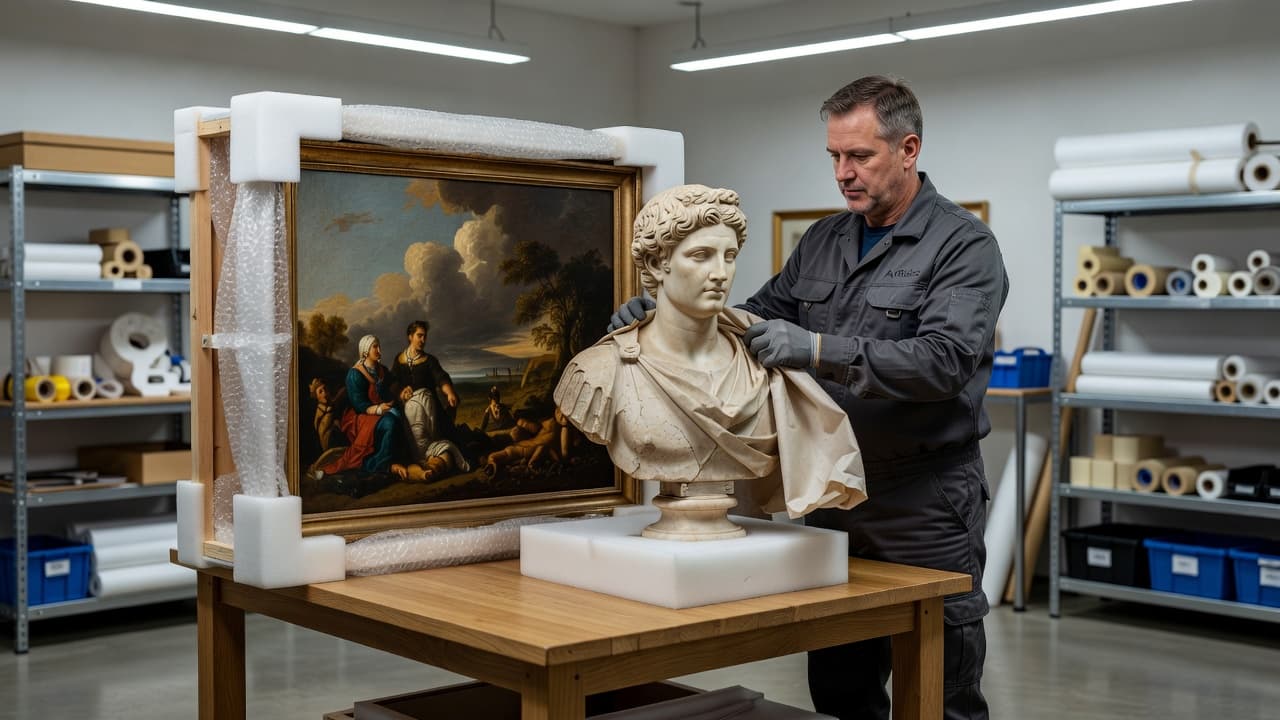 En person indpakker forsigtigt en antik skulptur og et indrammet maleri i et lyst værksted. Der benyttes beskyttelsesmaterialer af høj kvalitet for at sikre genstandenes integritet under hele flytteprocessen.