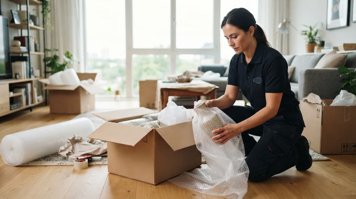 En flyttemedarbejder pakker papkasser med bobleplast i en lys, moderne stue.