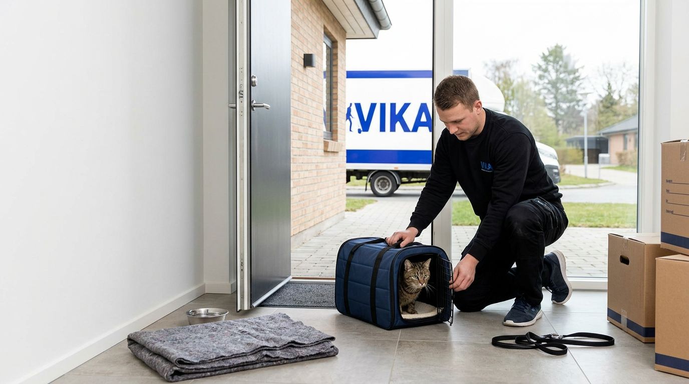 Flyttemand sikrer en kat i transportkasse ved flyttekasser og en åben hoveddør.