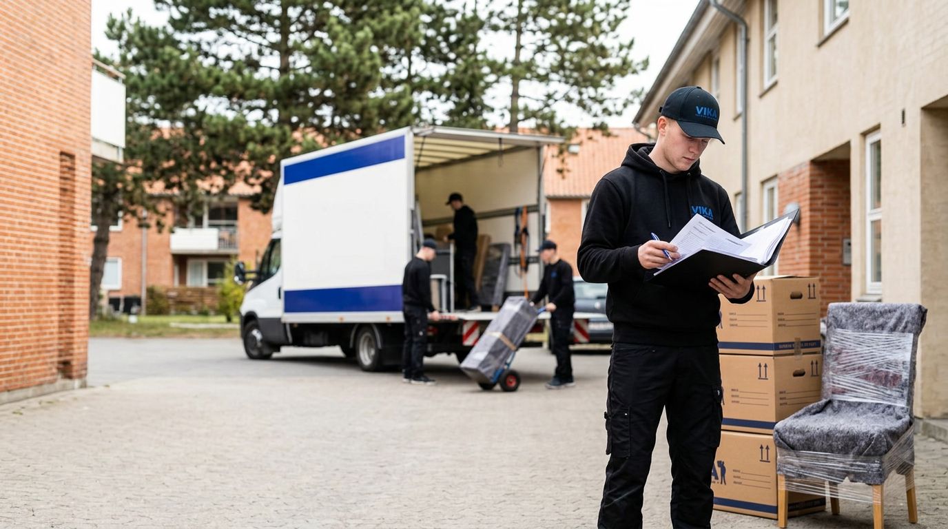 Flyttemand gennemgår dokumenter ved mærkede kasser, indpakkede møbler og en flyttebil.
