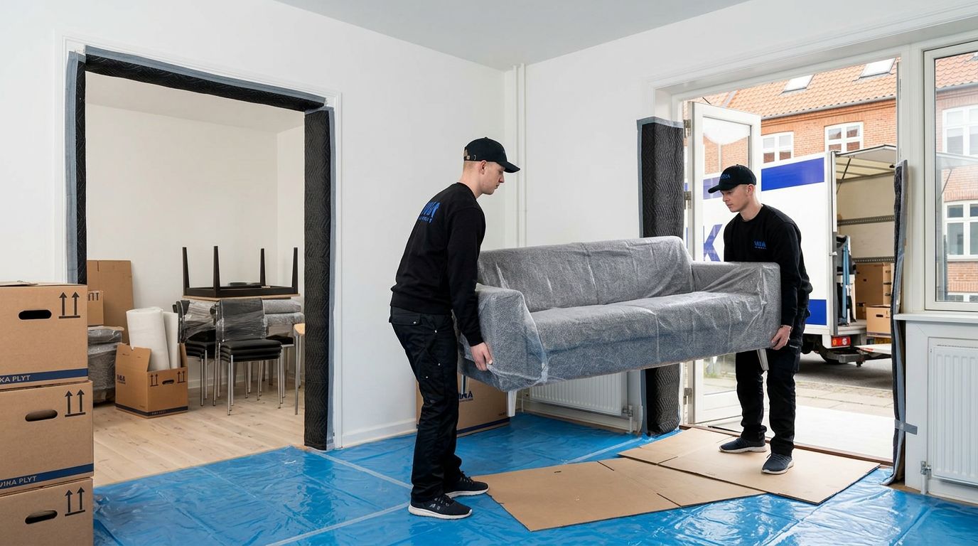To flyttemænd bærer en gråindpakket sofa gennem en lejlighed under renovering.