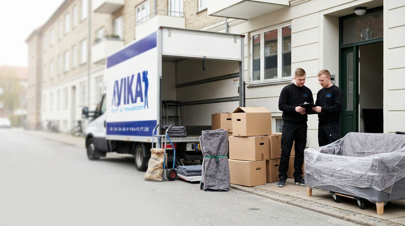 To flyttefolk gennemgår en liste ved sofa og flyttekasser foran en lejlighed.