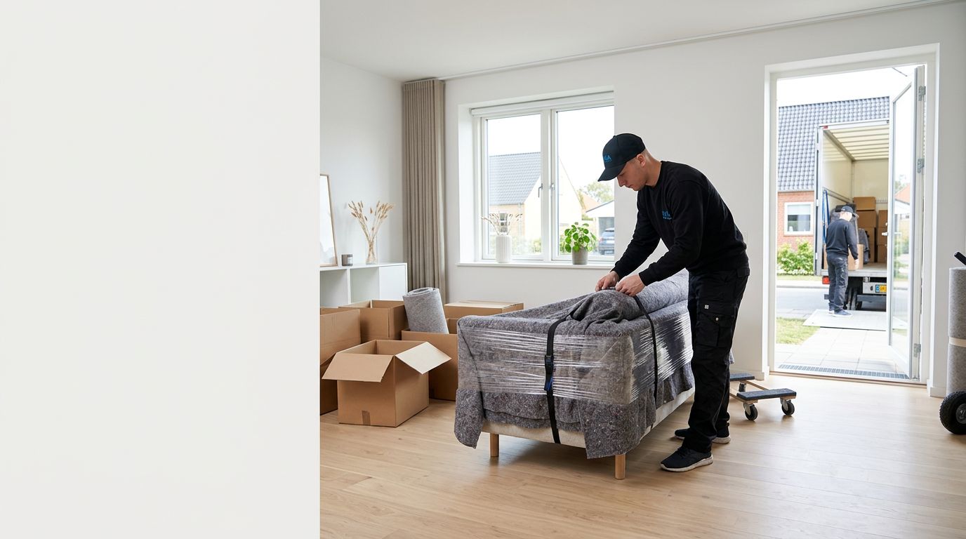 Flyttemedarbejder sikrer grå tæpper omkring en sofa ved åbne papkasser.