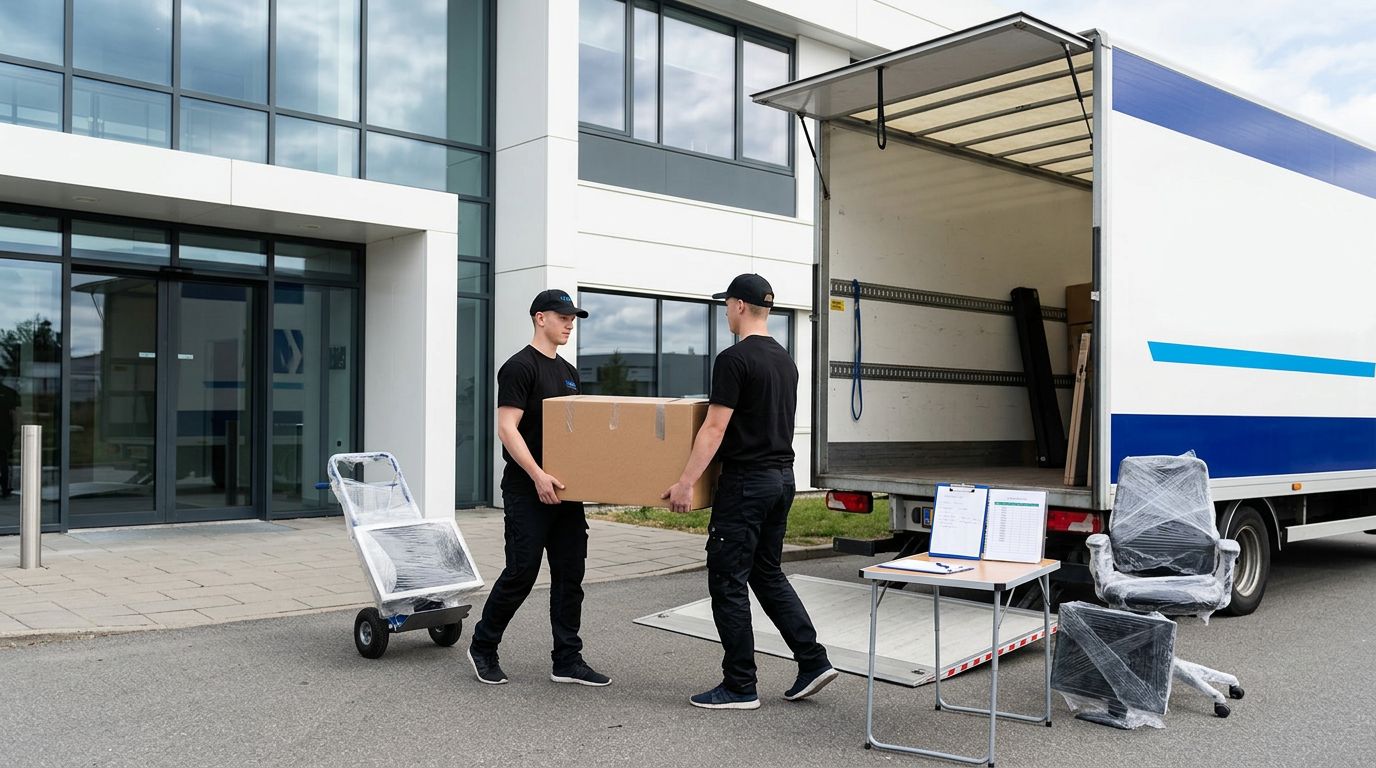 Flyttemænd bærer kasser og kontorudstyr mod en hvid og blå flyttebil.