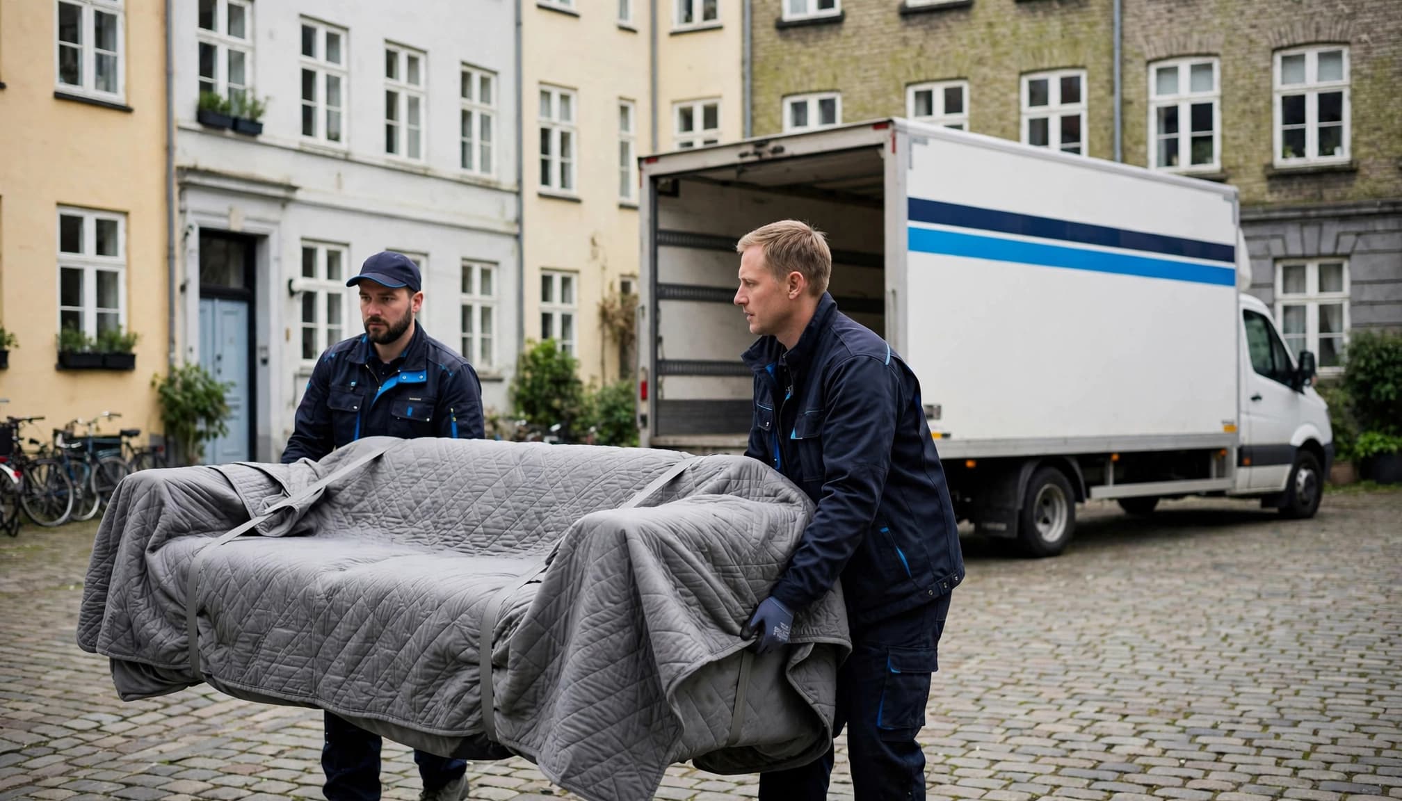 To flyttemænd bærer en indpakket sofa mod en flyttebil.