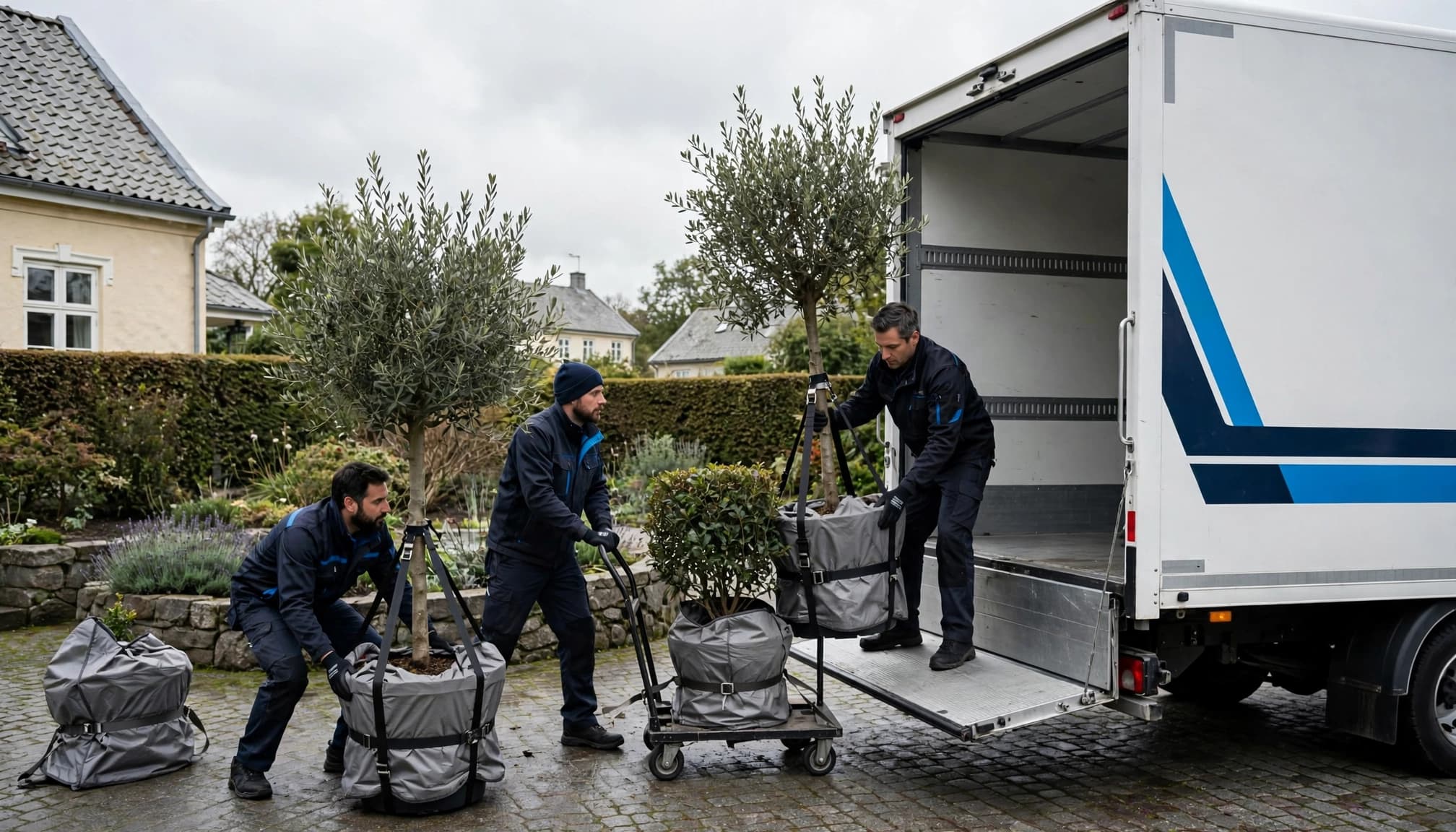 Tre flyttefolk læsser et stort træ og indpakkede buske på en hvid flyttebil.