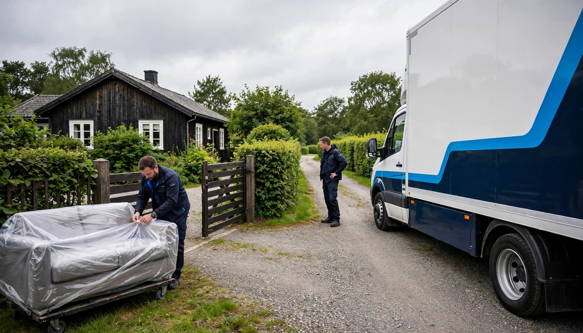To flyttemænd forbereder en hvid flyttebil ved et sommerhus og vurderer den smalle indkørsel.