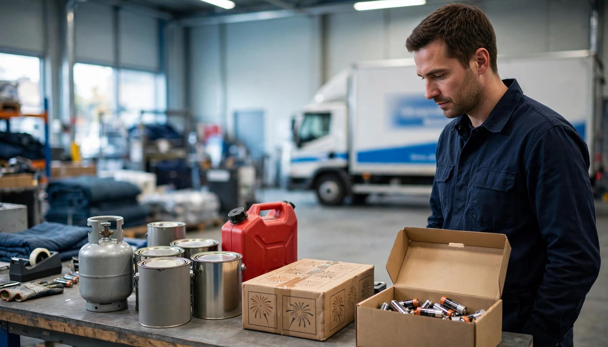 Flyttekoordinator ved bord med gasflaske, maling, brændstof, fyrværkeri og løse batterier.