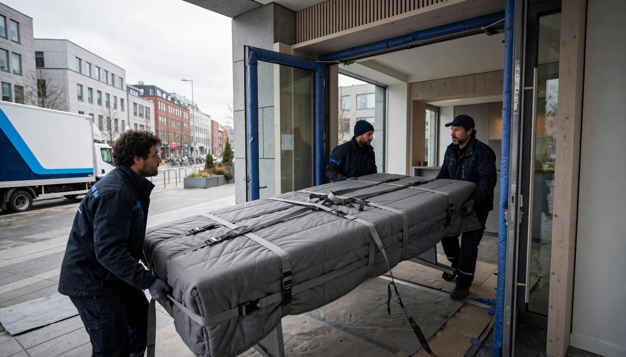 Tre flyttemænd bærer et indpakket mødebord gennem en moderne indgang.