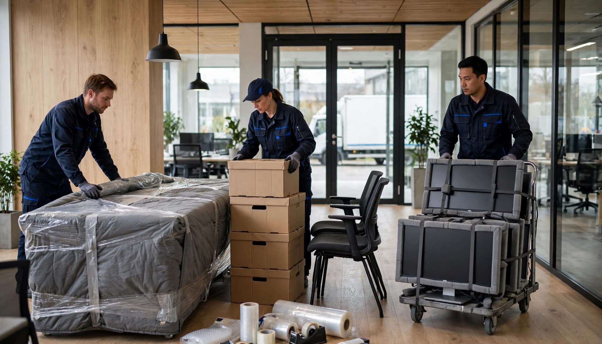 Tre flyttemænd placerer et indpakket bord ved kontorstole og flyttekasser.