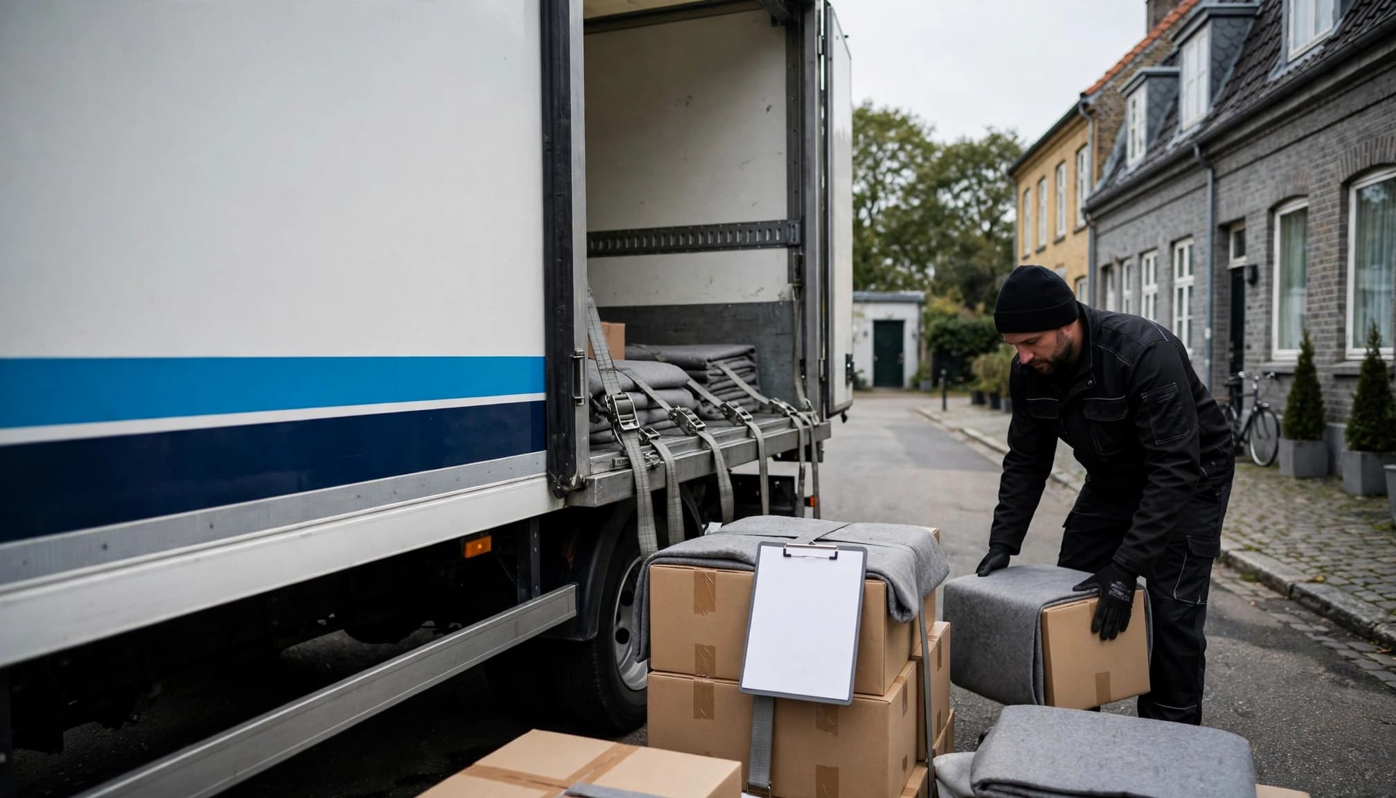 En flyttemand placerer en beskyttet kasse ved en hvid og blå flyttebil.