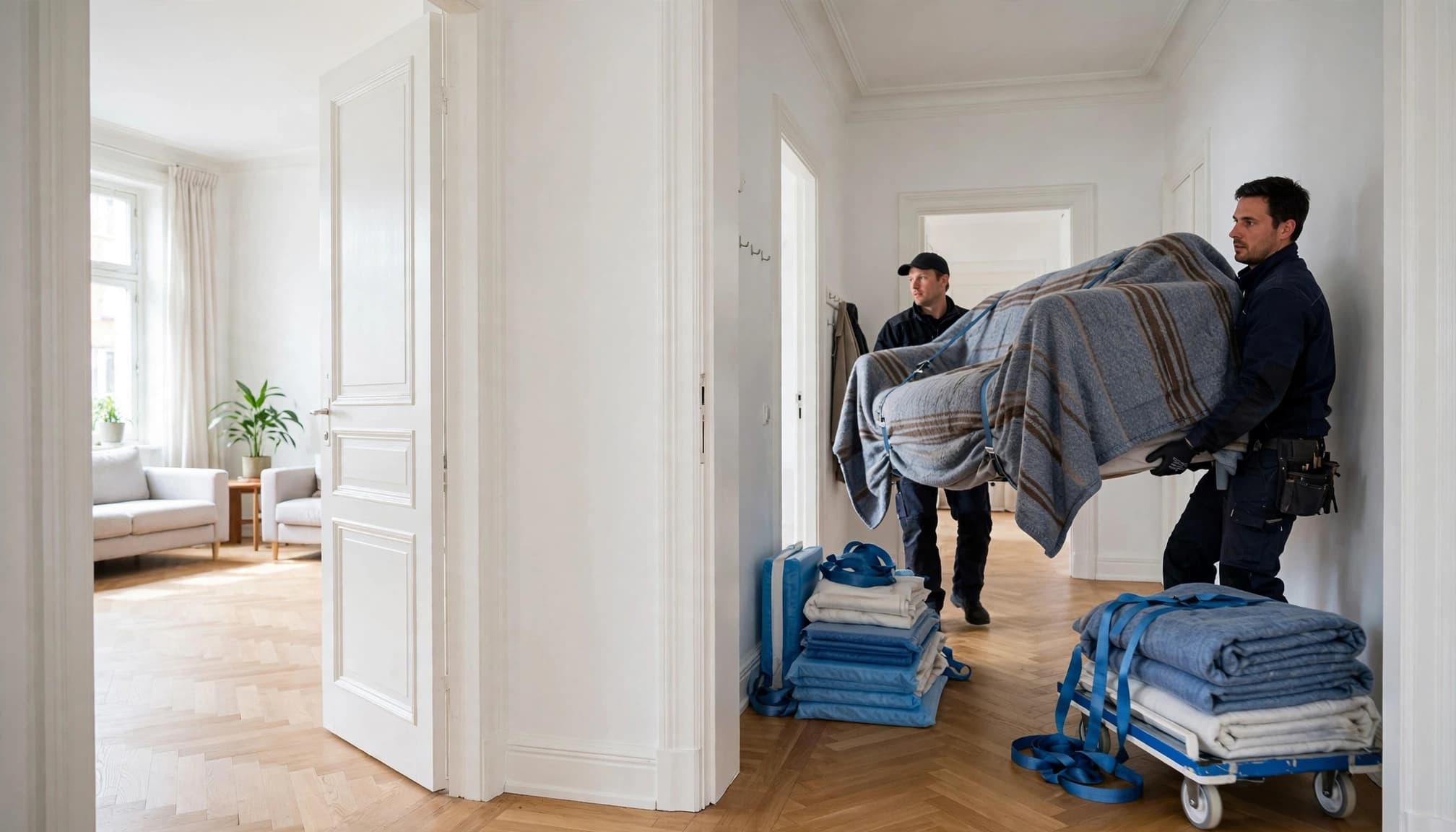 To flyttemænd bærer en indpakket sofa gennem en lys lejlighedsopgang.
