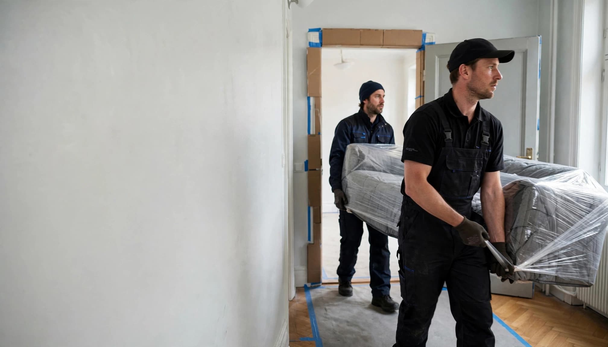 To flyttemænd bærer en indpakket sofa gennem en lys opgang.