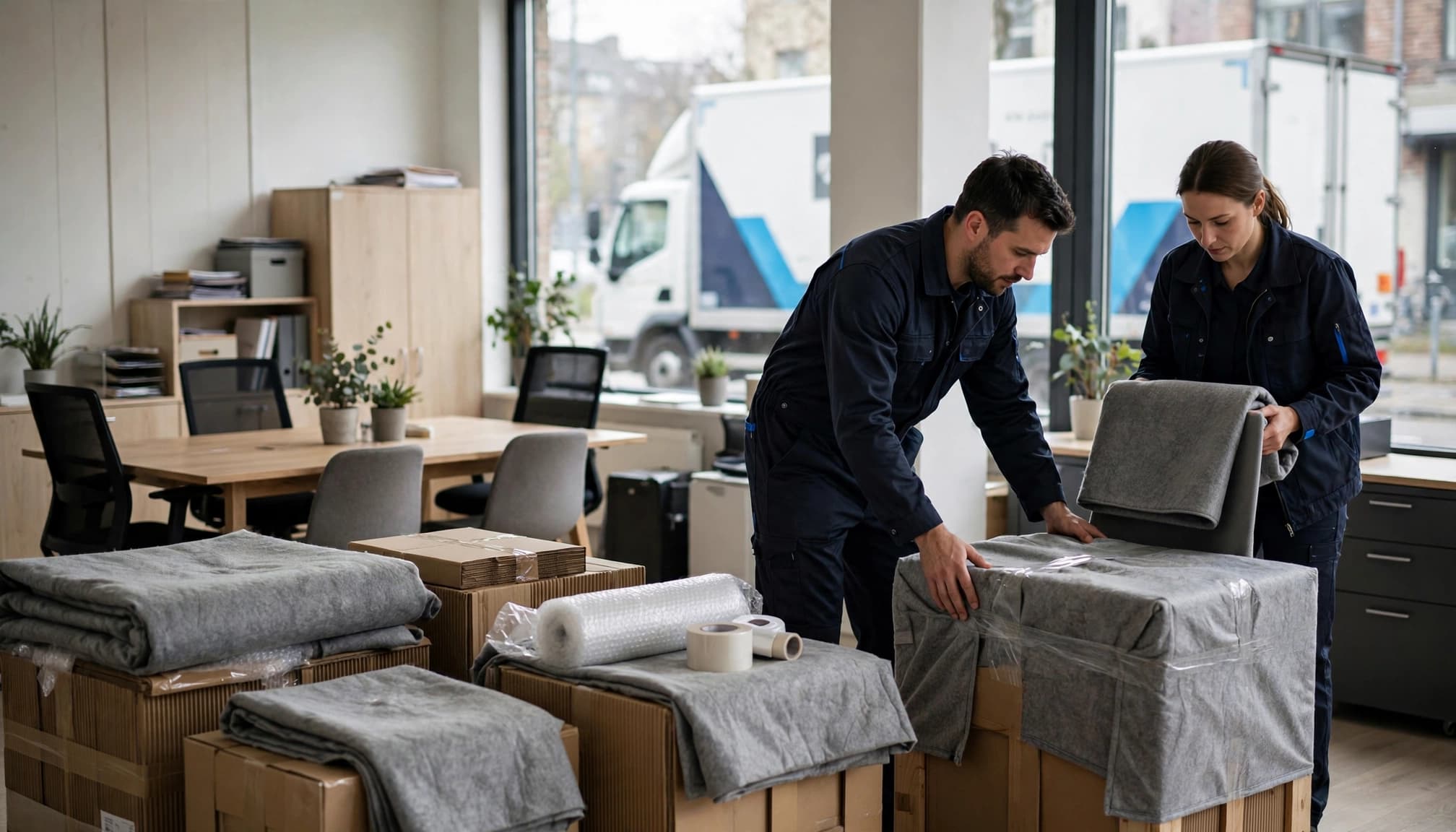 To flyttefolk gør mærkede kasser og kontormøbler klar i et dansk kontor.
