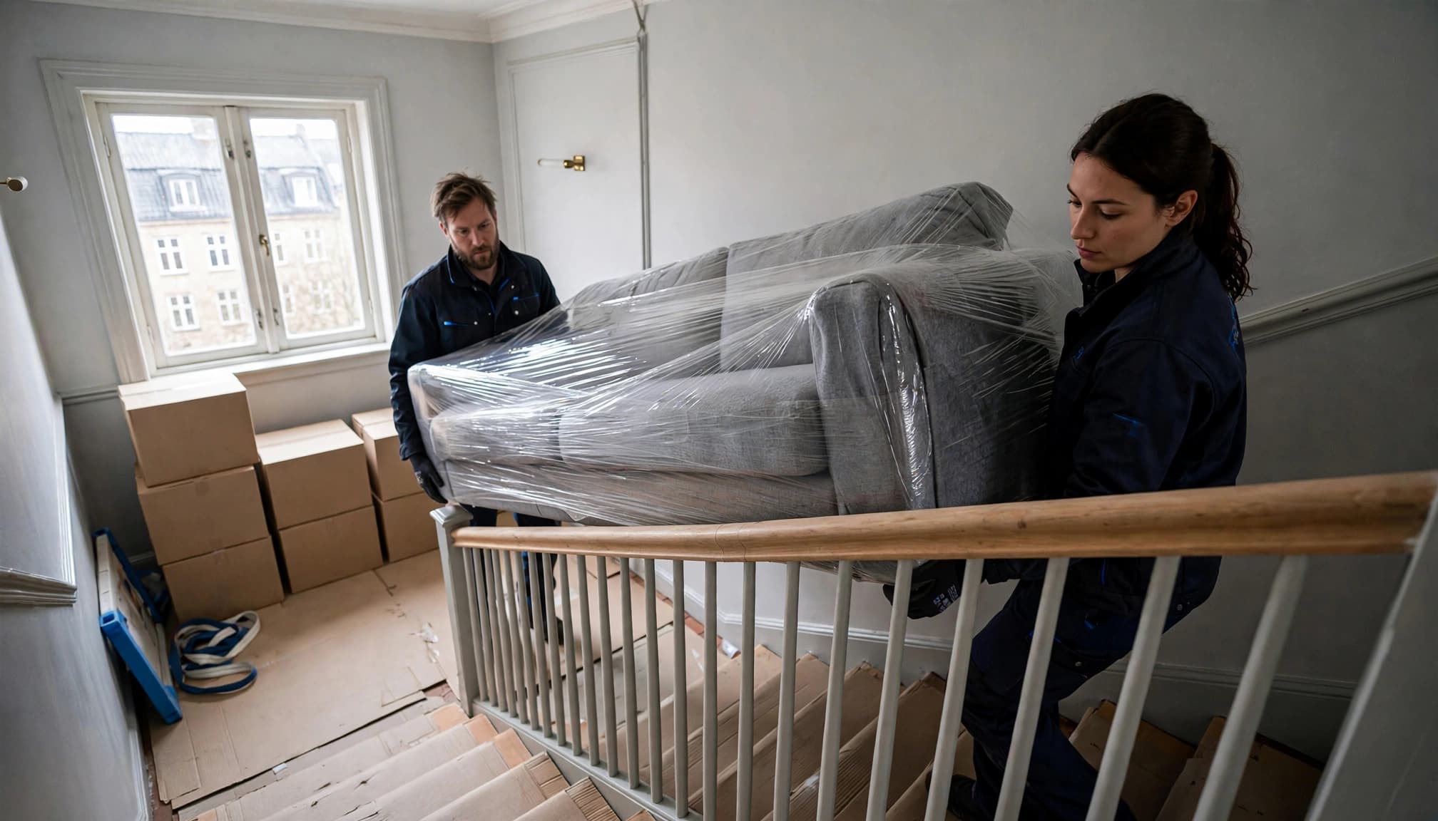 To flyttemænd bærer en indpakket sofa gennem en lys dansk trappeopgang.
