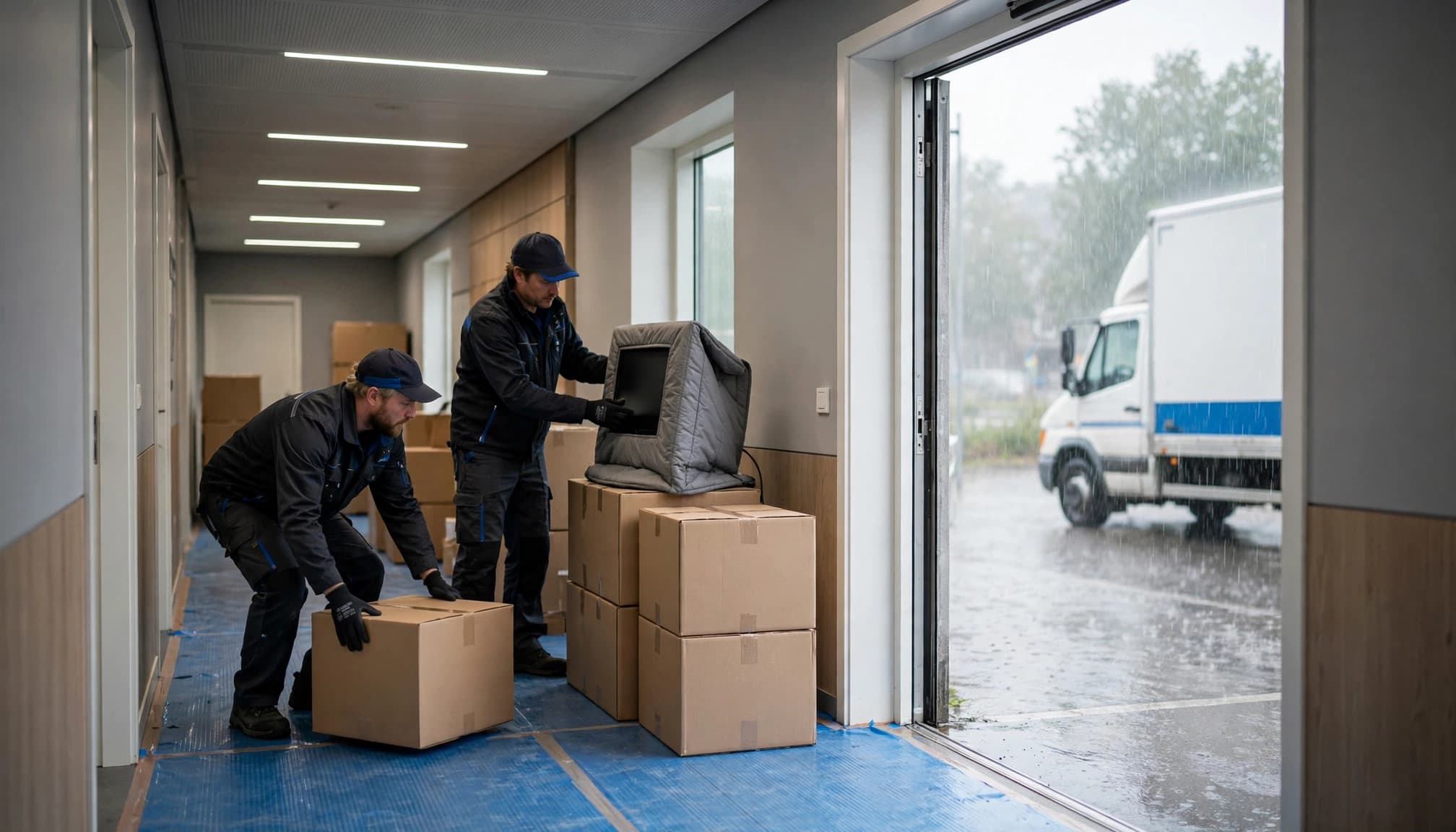 To flyttemænd stiller kasser og en beskyttet skærm i en tør gang, mens det regner udenfor.