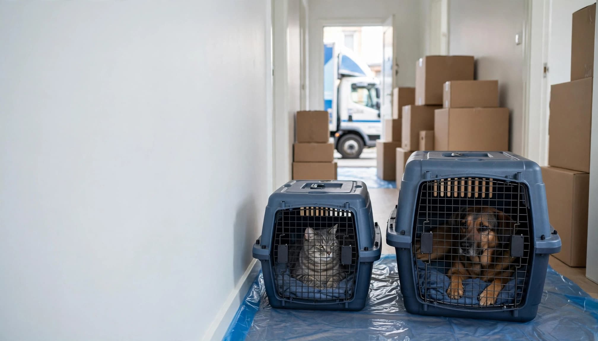 En hund og en kat i hver sin transportkasse i en lys entré med flyttekasser.