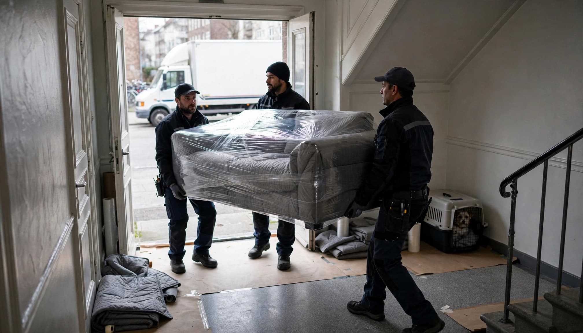Tre flyttefolk bærer en indpakket sofa, mens en lille hund sidder roligt i en transportkasse.