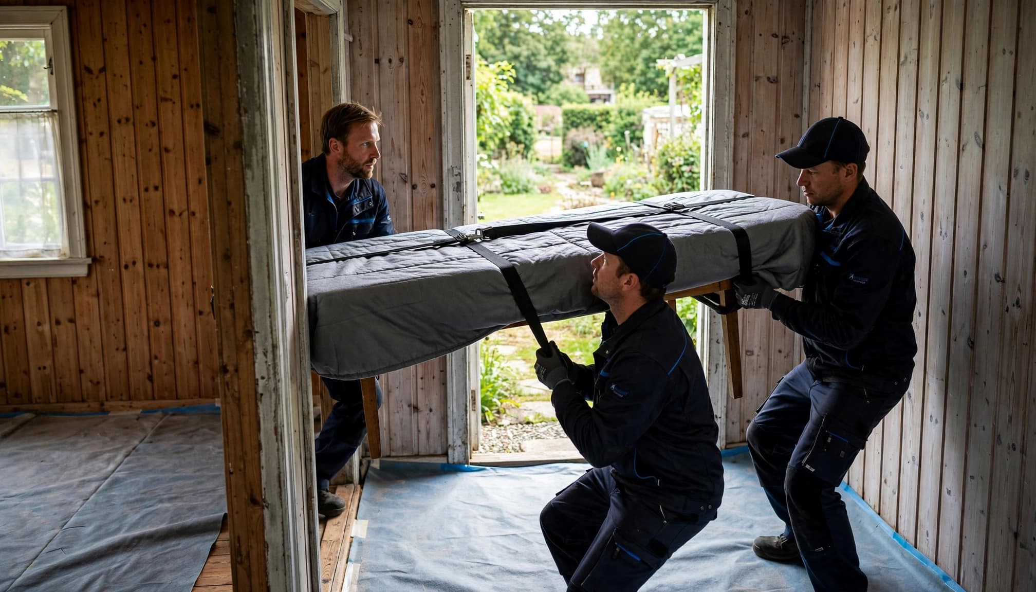 Tre flyttemænd bærer et indpakket spisebord gennem en smal sommerhusdør.
