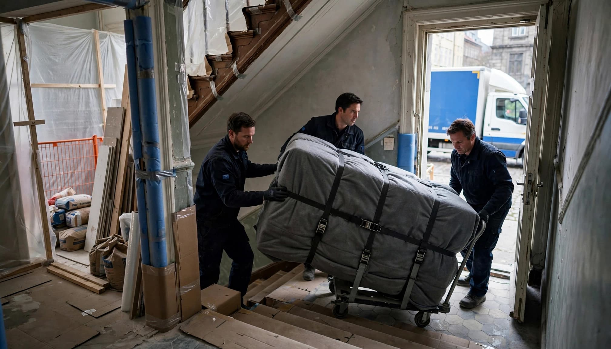 Tre flyttemænd bærer et indpakket klædeskab gennem en smal trappeopgang.