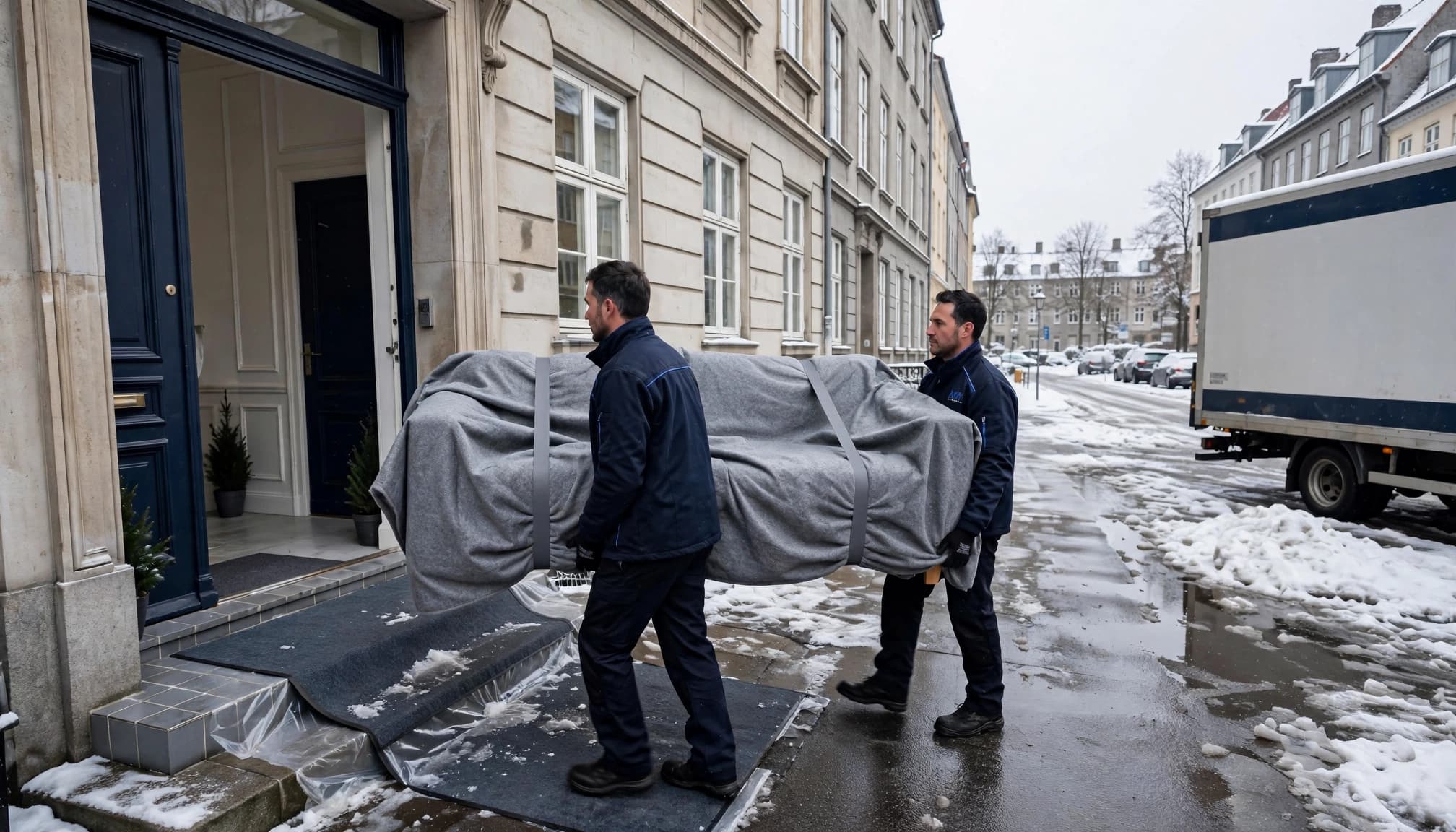 To flyttemænd bærer en tæppeindpakket sofa gennem en snedækket opgang.