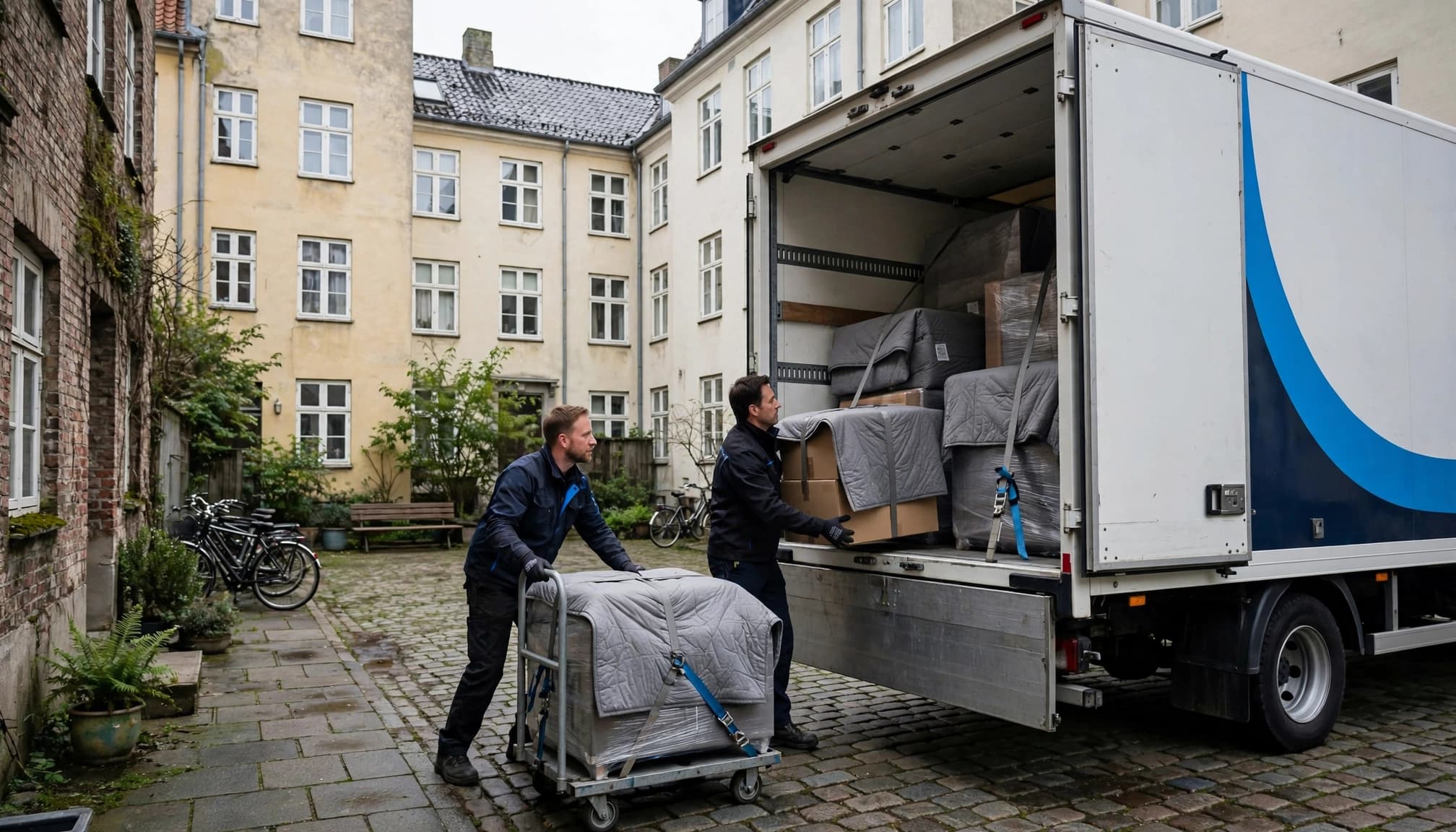 To flyttemænd sikrer møbler og kasser i en hvid flyttebil.