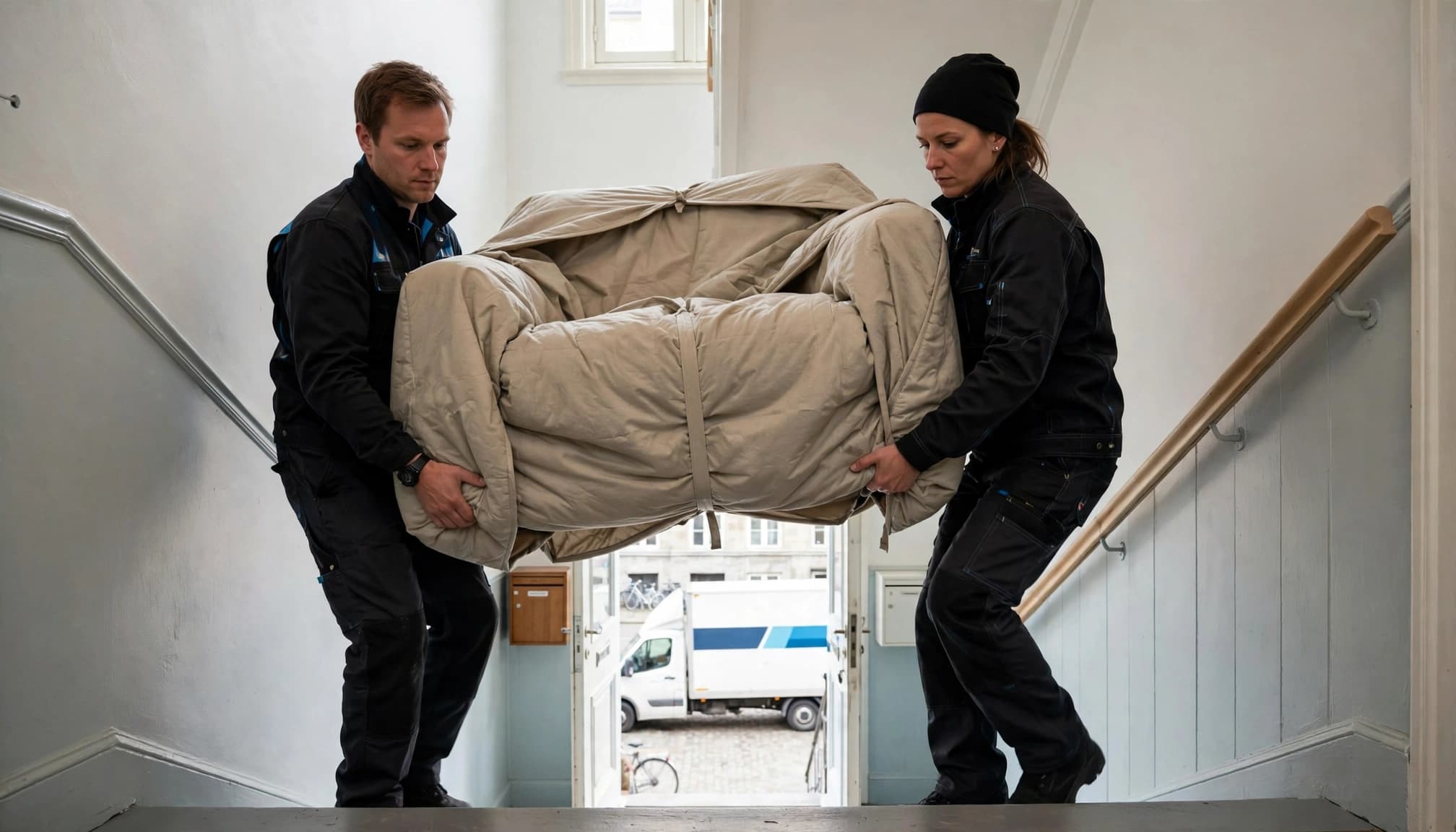 To flyttemænd bærer en tæppeindpakket sofa gennem en lys trappeopgang.