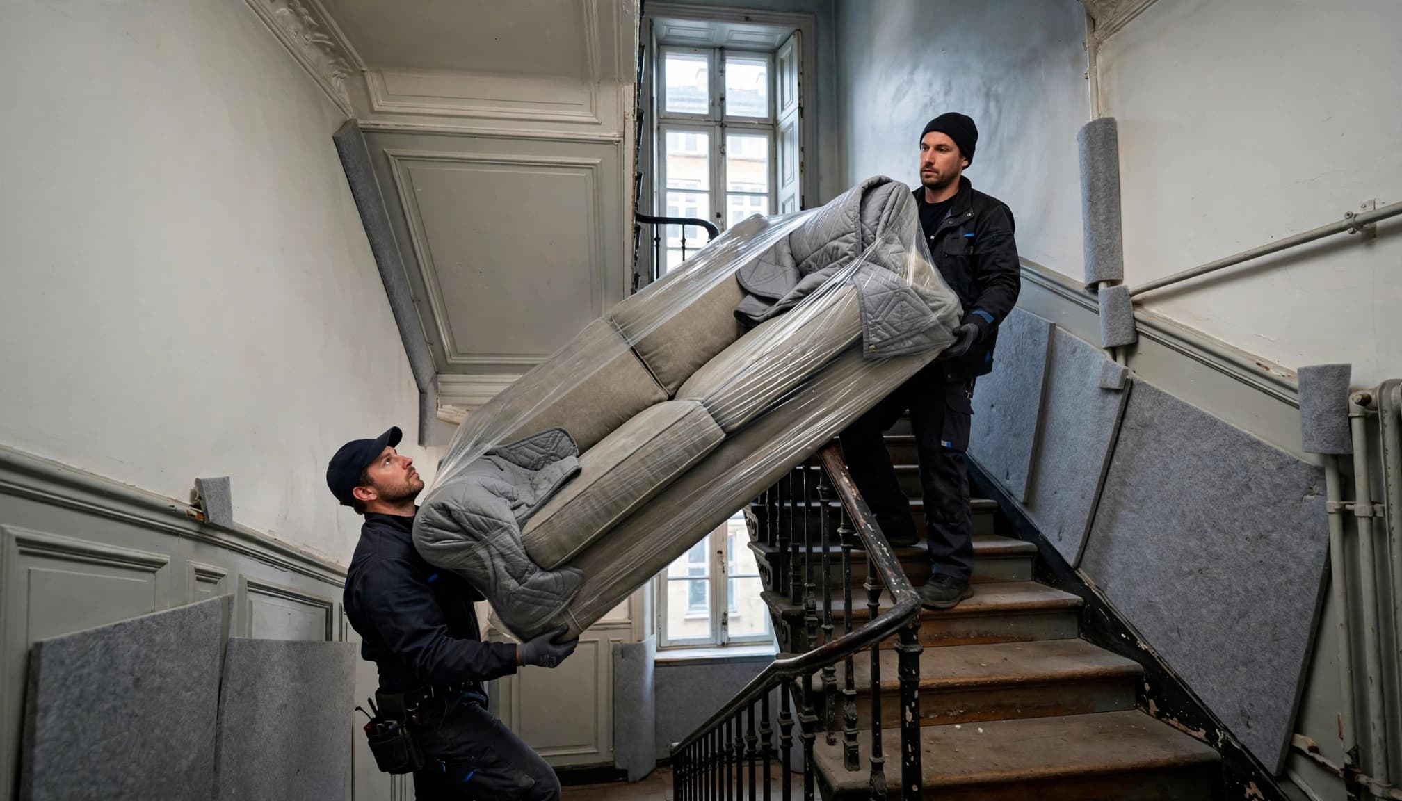 To flyttemænd bærer en tæppeindpakket sofa gennem en smal trappeopgang.