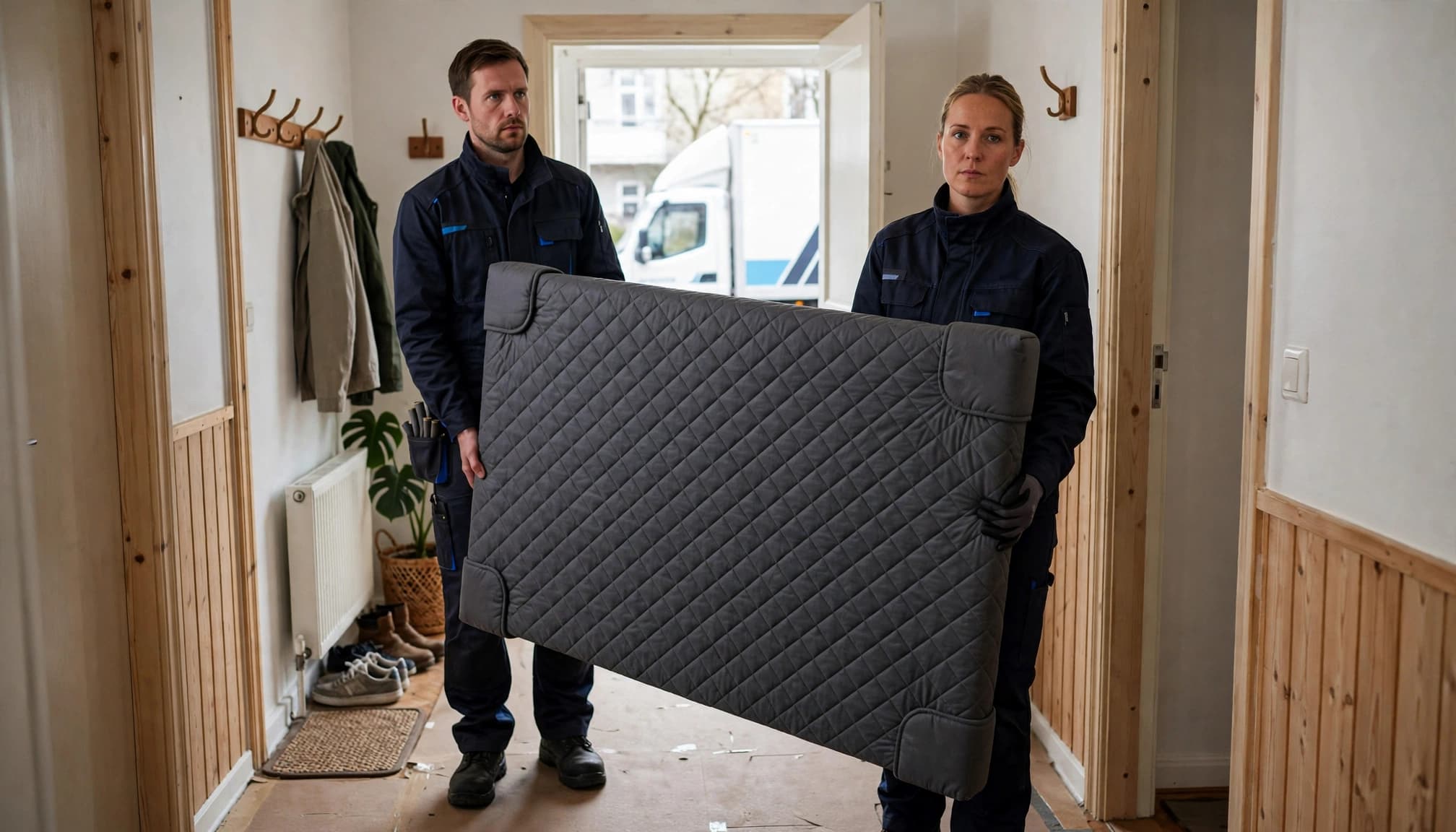 To flyttemænd bærer et beskyttet TV gennem en lejligheds entré.