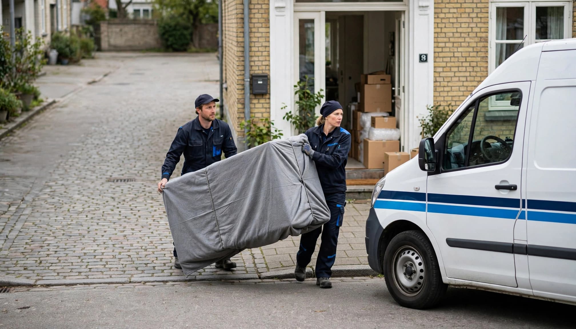 To flyttefolk i mørkeblåt arbejdstøj bærer et indpakket møbel mod en hvid flyttebil.