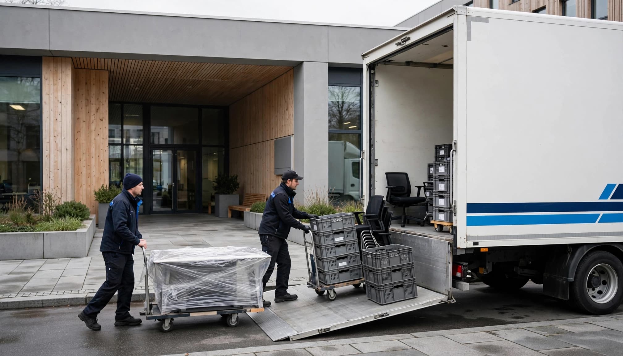 To flyttefolk læsser flyttekasser og kontormøbler i en hvid flyttebil.