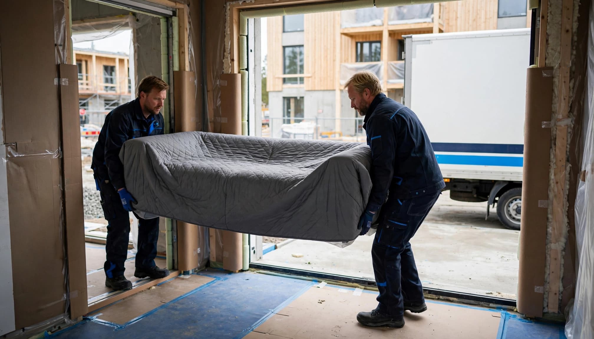 To flyttemænd bærer en tæppeindpakket sofa gennem en beskyttet indgang.
