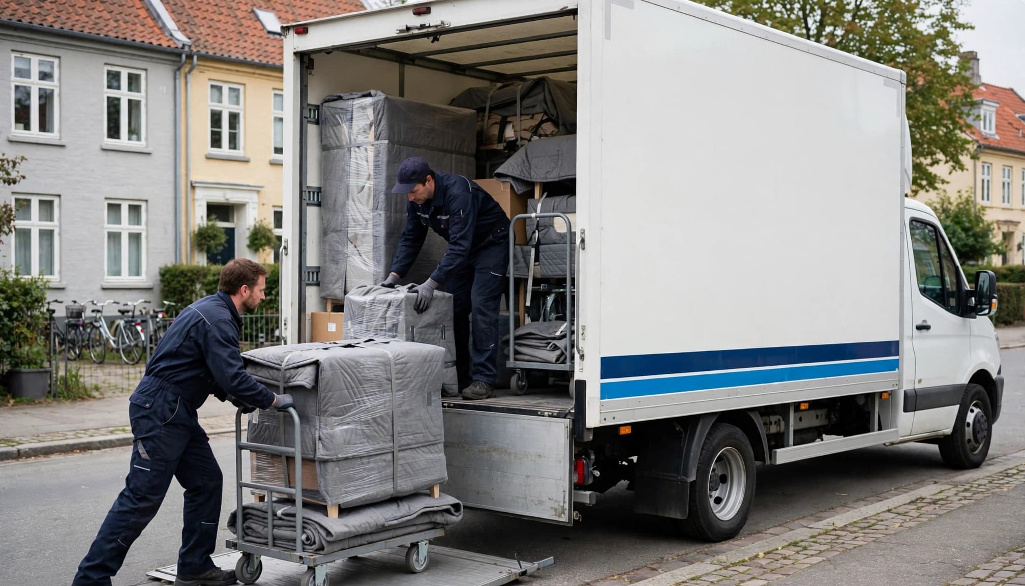 To flyttemænd læsser indpakkede møbler ind i en hvid flyttebil.