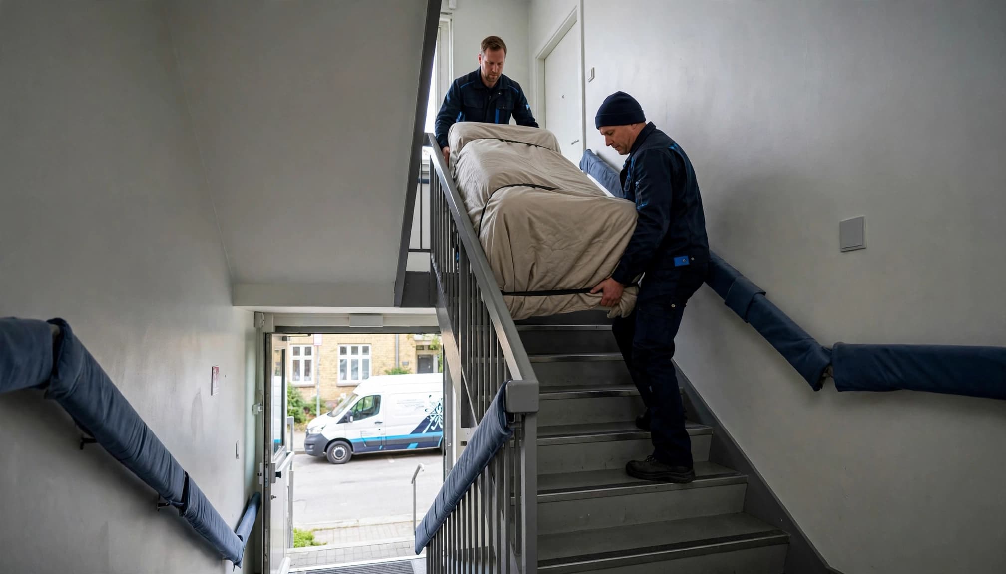 To flyttemænd bærer en indpakket sofa ned ad en trappe i en opgang.