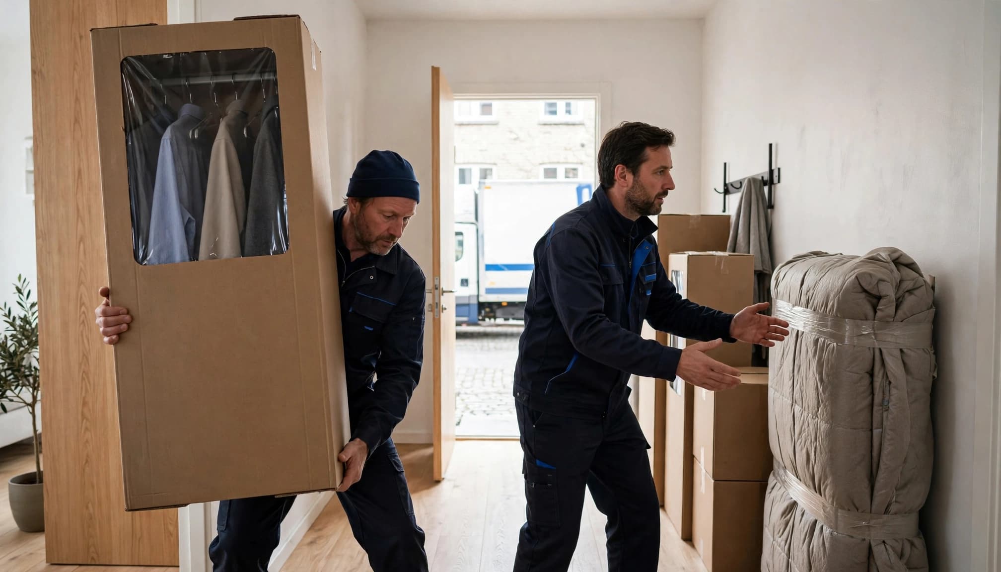 To flyttefolk i mørkeblåt arbejdstøj bærer en stor garderobekasse med tøj i en lys gang.
