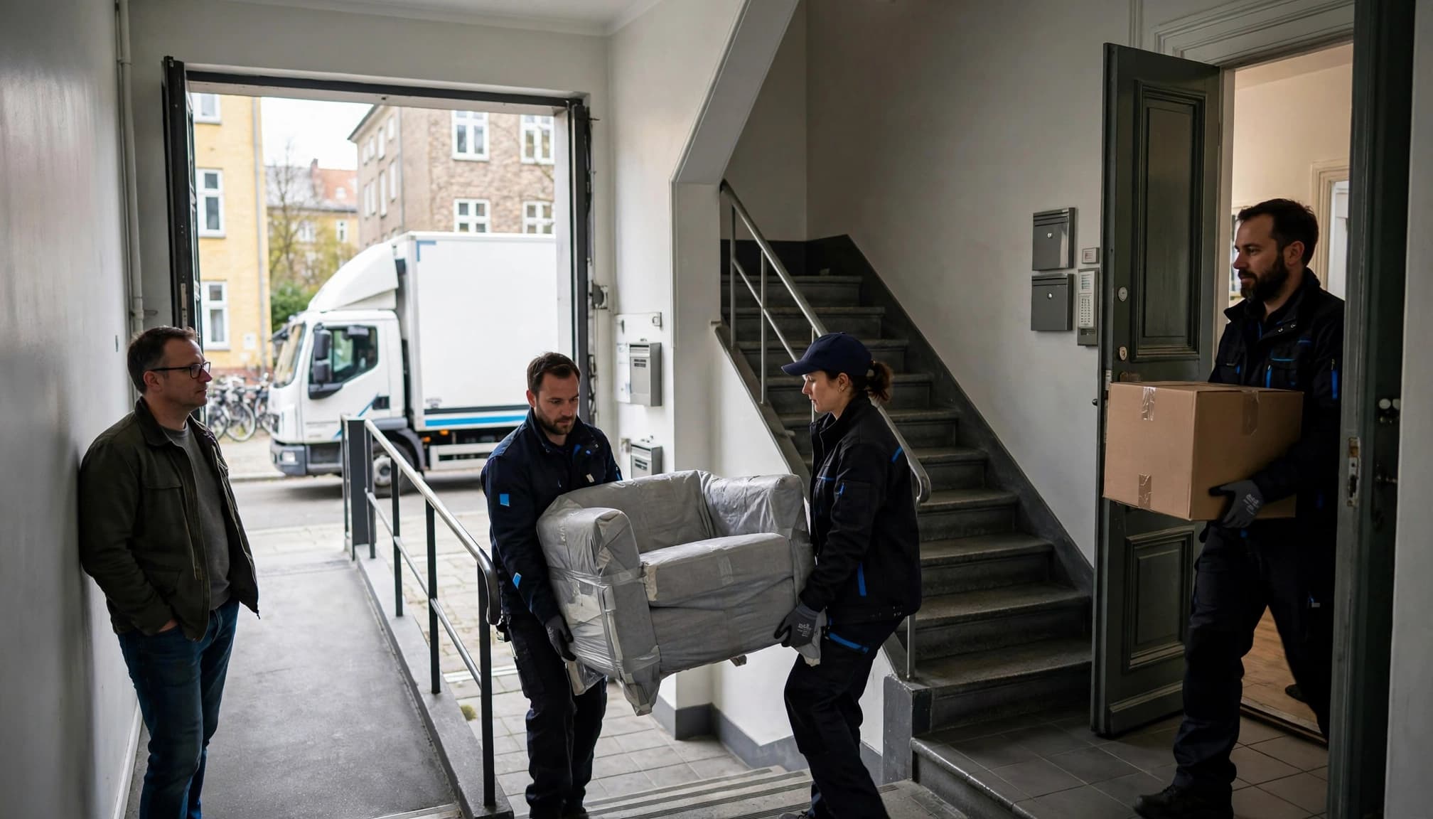 To flyttemænd bærer en lænestol forbi trappen, mens kunden ser til.