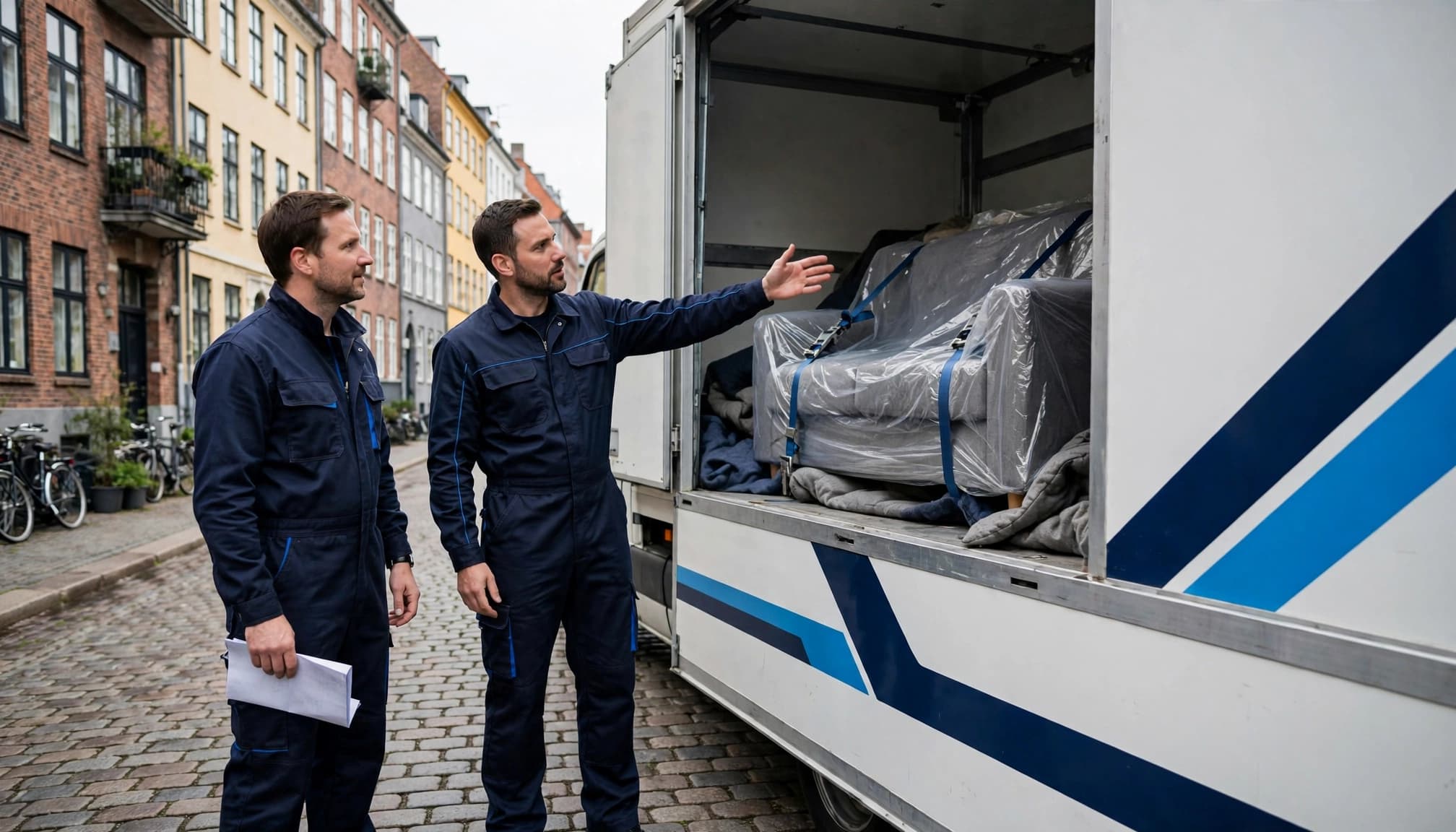 To flyttemænd planlægger afhentninger ved en flyttebil.