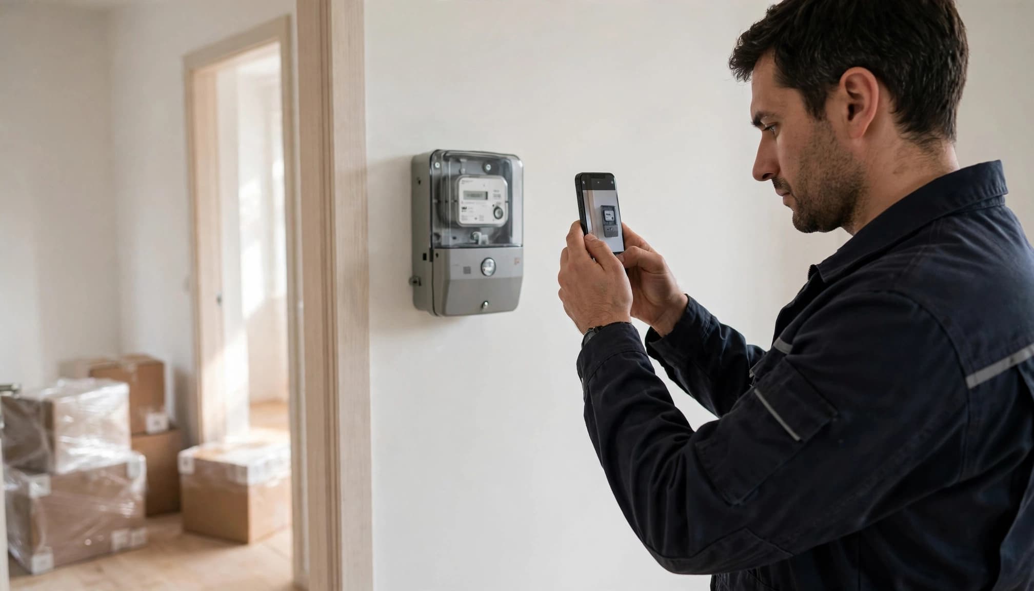 En person fotograferer en forbrugsmåler med sin telefon.