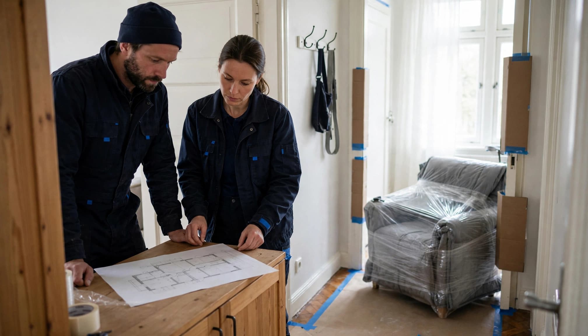 To flyttefolk i mørkeblåt arbejdstøj kigger på en plantegning i en lejlighed.