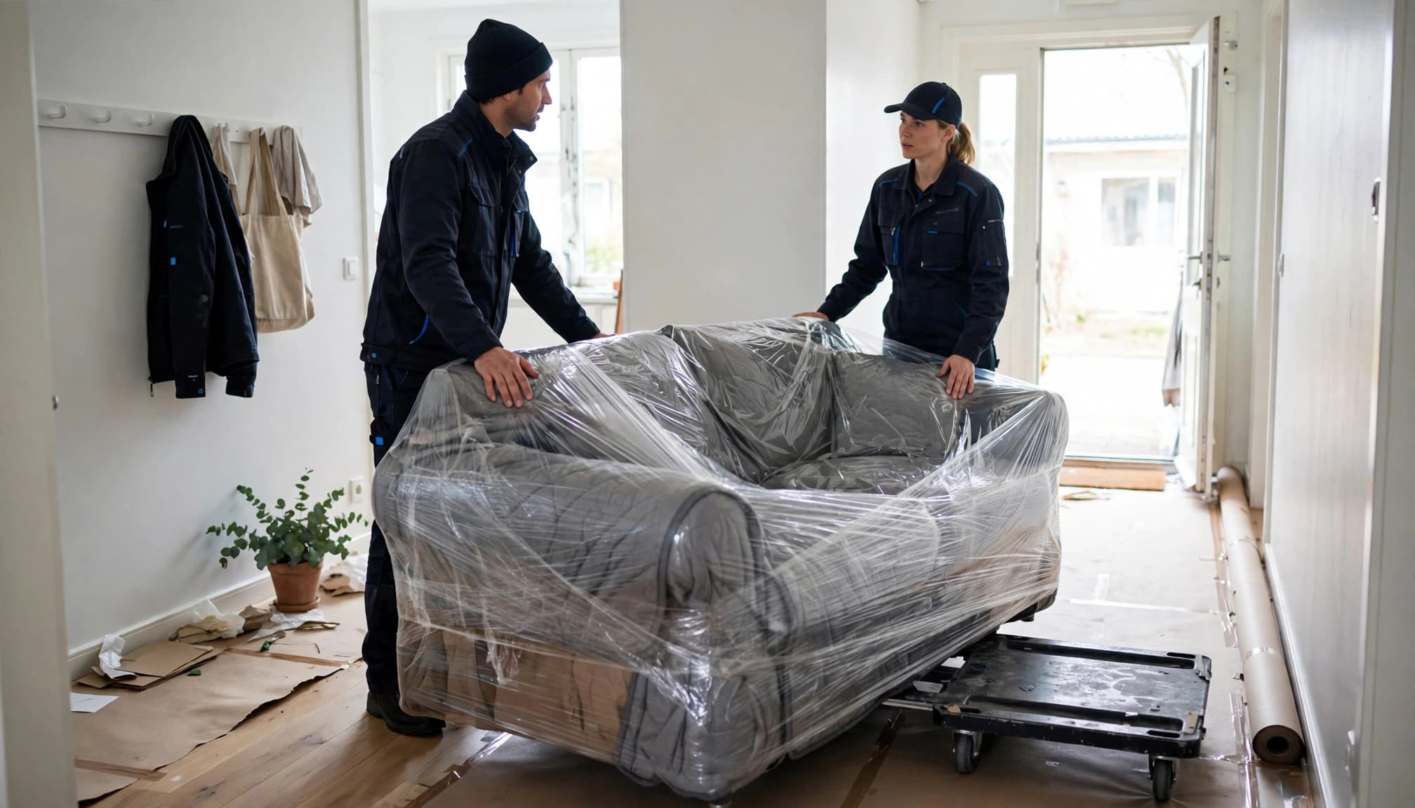 To flyttemænd gør en indpakket sofa klar i en lys entré.